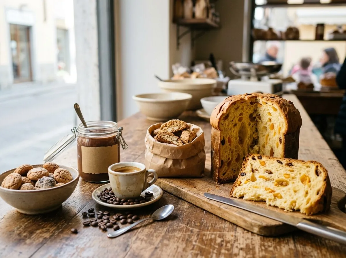 Panettone ouvert, cantucci, amaretti et espresso