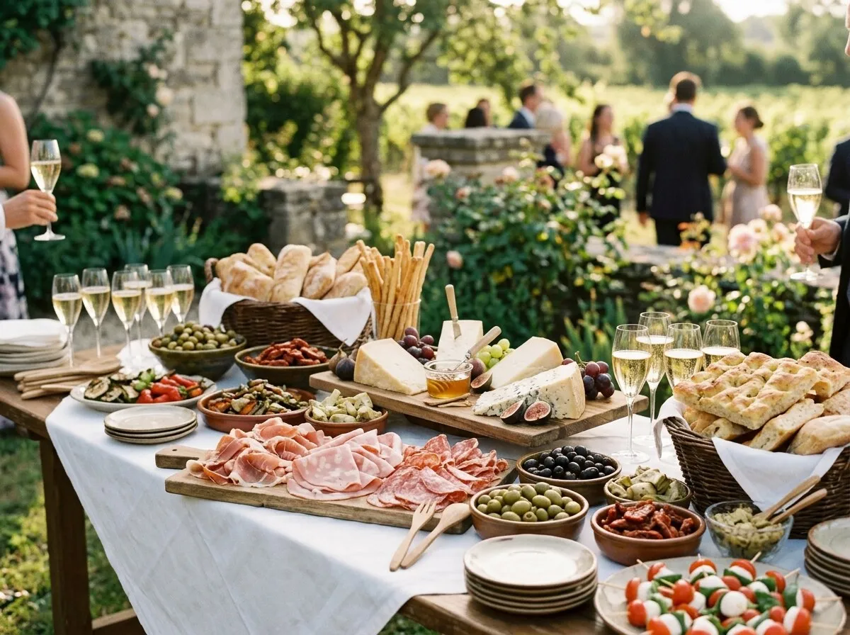 Buffet italien de vin d’honneur dans un jardin